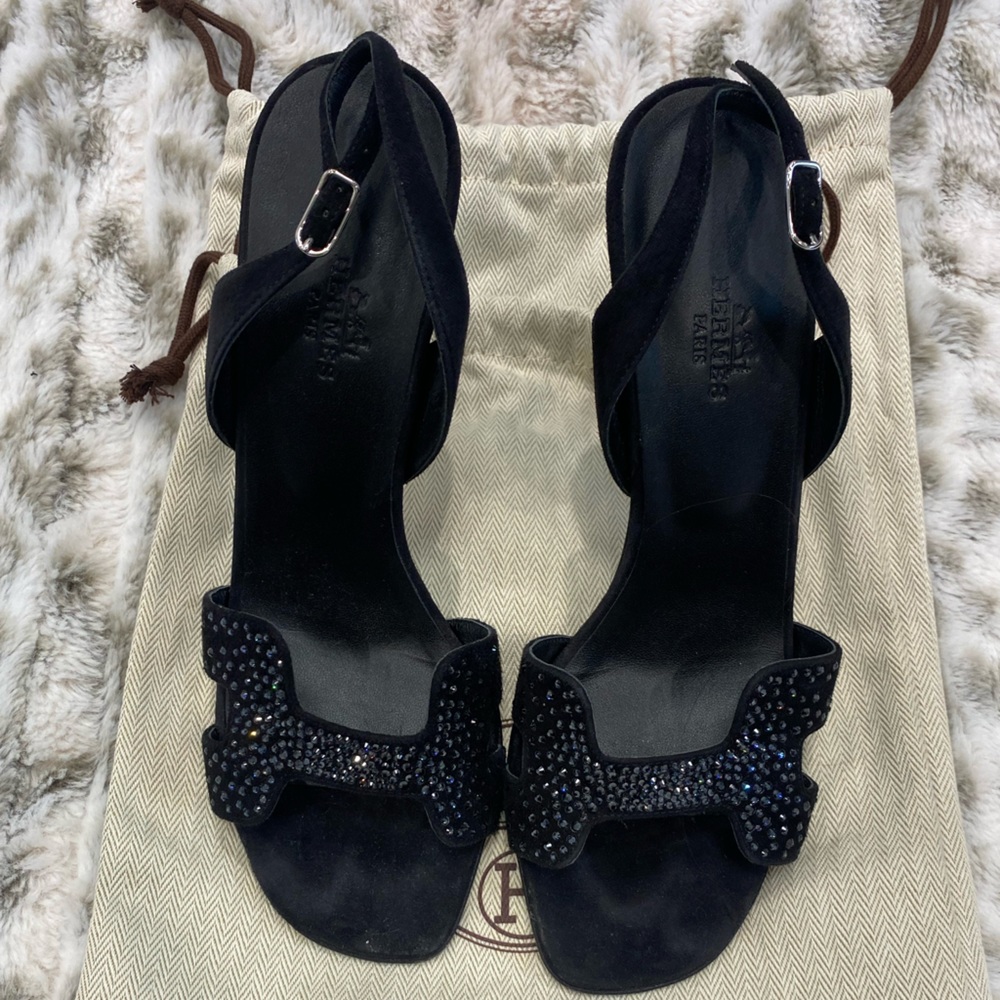 Hermes black suede heels w/
rhinestones discontinued please READ description.